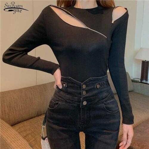 2020 Autumn New Sexy Hollow Out Thin Bottoming Long Sleeve Shirt Women Fashion Zipper Design Slimming Blouse Blusas Mujer 12206