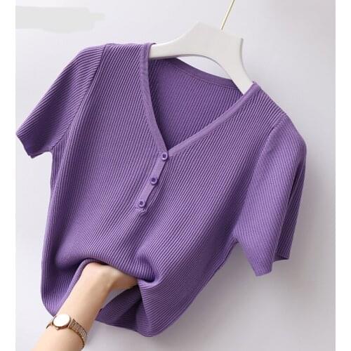 Top Quality Kntted Women T-shirts 2021 Summer Short V-neck Slim Office Lady Elegant All Match Pulls Tops Tees