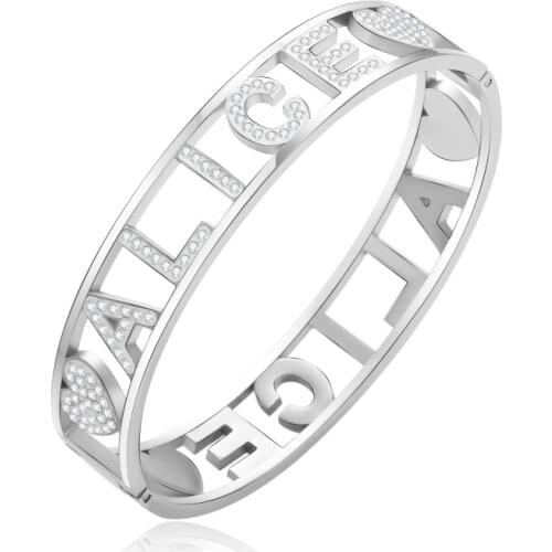 Elegant Crystal Bangles Bracelets For Women Stainless Steel Name ALICE Simple Female Opening Bangles Wedding Jewelry Accessories