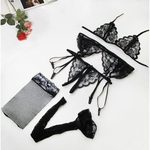 Plus Size Bra Women Sexy Lingerie Set Transparent Hollow Bra Open Pants Garters Net Stockings Lace Flower Push Up Bra Intimates