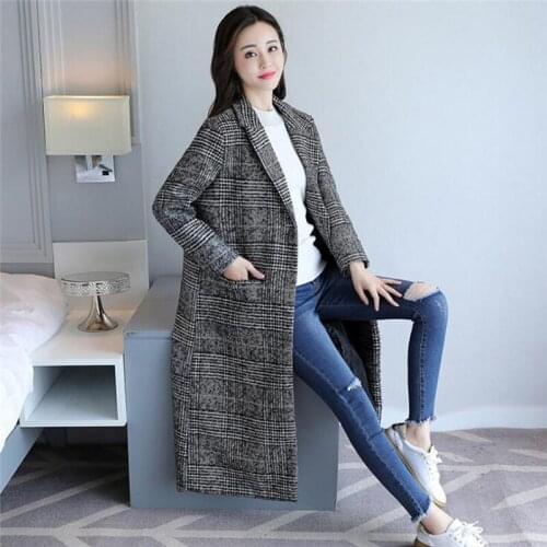 Women Wool Coat 2021 Autumn Lady Plaid Long Coats Lady Loose Vintage Single Button Woolen Coat Femme New Fashion Winter Coats