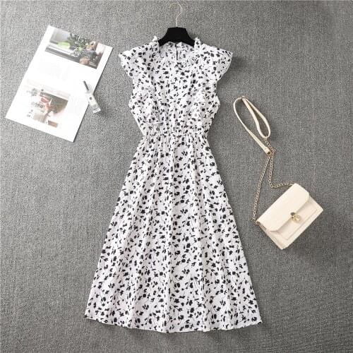 New Womens Summer Dress 2021 Ruffled Sleeveless Elegant Chiffon Dresses Floral Dress For Female Street Casual Midi Dresses Lady