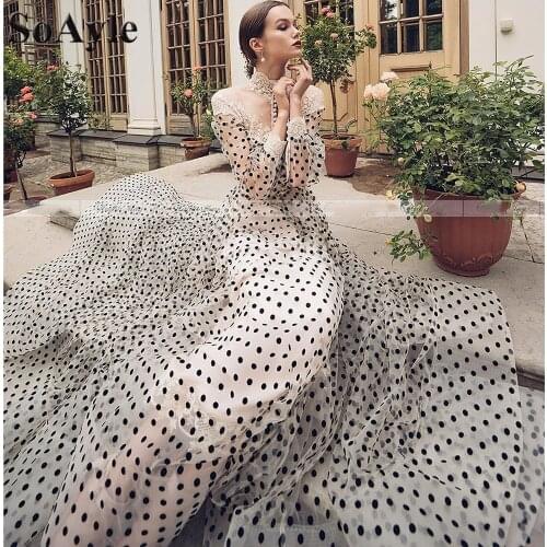SoAyle A-Line High Neck Black Dots Prom Dresses Long Sleeves Zipper Gorgeous Sweep Train Evening Dresses