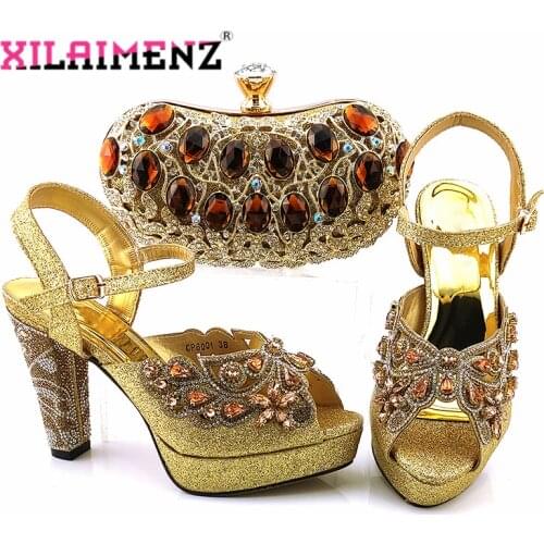 Gold Color Matching Women Shoe and Bags Set Decorated with Rhinestone Italian Shoe and Bag Set for Party In Women Italy Shoes