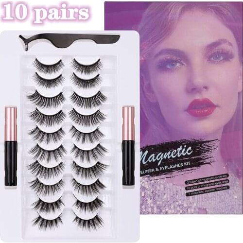 10Pairs Eye Lashes Magnetic Eyelashes and Eyeliner Set False Eyelashes Magnet Extension Liquid Eyeliner & Waterproof Tweezer Set