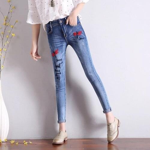 2018 embroidery blue women jeans pencil pants skinny xl plus size korean flowers casual girl Denim jean pant bottom zipper fly