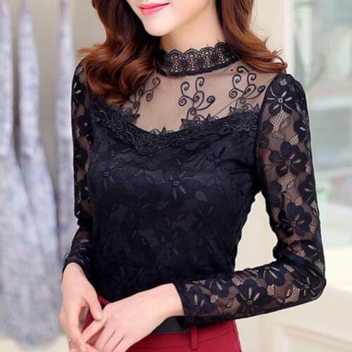 Blouse women Fashion Women Solid Color Floral Lace Top Perspective Long Sleeve blouse women Slim Blouse blusas para mujer 2020