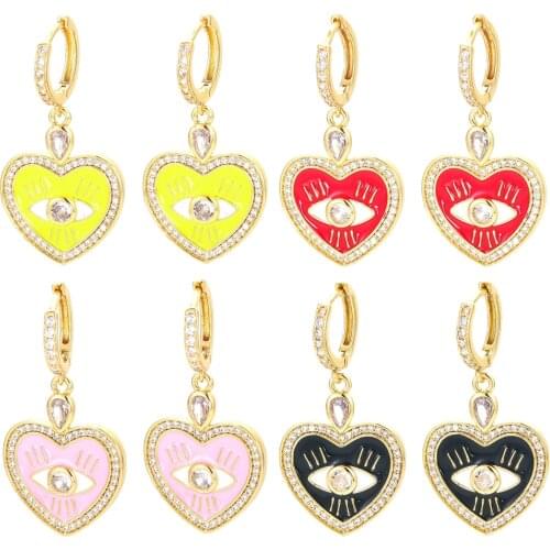EYIKA Bohemian Multicolor Enamel Turkish Evil Eye Hoop Earring for Women Inlaid Zircon Fluorescent Yellow Huggie Earring Jewelry