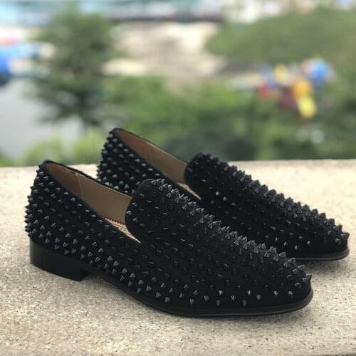 Spiked Black Rivet Flat Loafers Concise Round Toes Slim Slop On Male Wedding Shoes Men Shoes