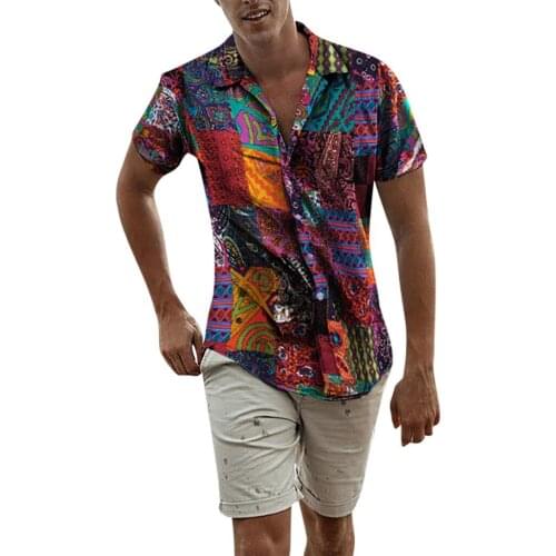 Hawaii Shirt Mens Vintage Ethnic Printing Blouse Summer Brief Short Sleeve Single Breasted Camicias Leisure Stand-up Collar Top