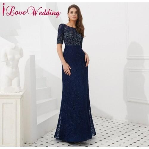 ILoveWedding New Arrival Formal Evening Dress Scoop Collar Heavy Beading Short sleeves Straight Long Dresses Evening