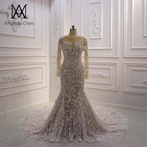 Customized Long Sleeve Lace Applique Mermaid Champagne Wedding dress