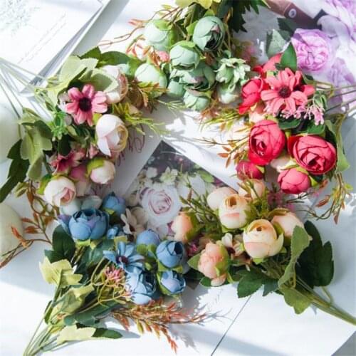ONE Fake Camellia & Daisy Bunch 12.2" Length Simulation Oil Painting Camellia for Wedding Home Decorative Artificial Flowers