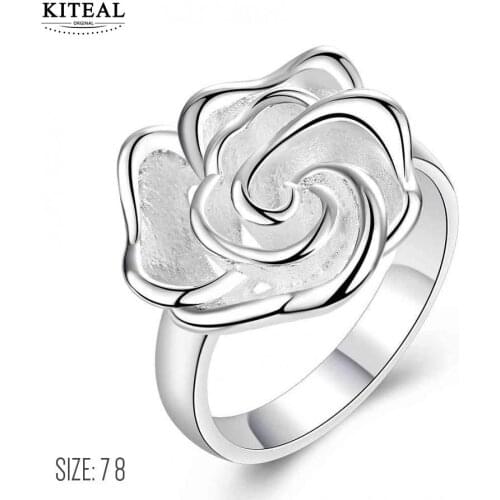 KITEAL Hot Selling silver plated size 7 8 Perfume women wedding rings Rose Open big flower ring men summer jewelry