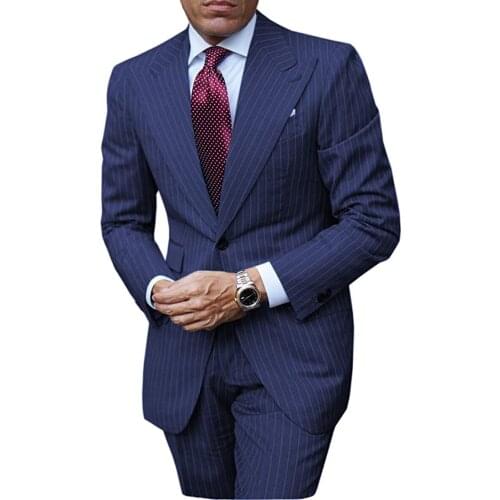 Costume Homme Slim Fit Mens Pinstripe Suits 2 Pieces Notch Lapel Regular Fit Tuxedos Groomsmen Wedding Blazer(Jacket+Pants)
