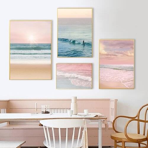 Surf Ocean Photography Poster Print Beach Coastal Wall Art Canvas Painting Pink and Teal Wall Picture for Living Room Home Decor