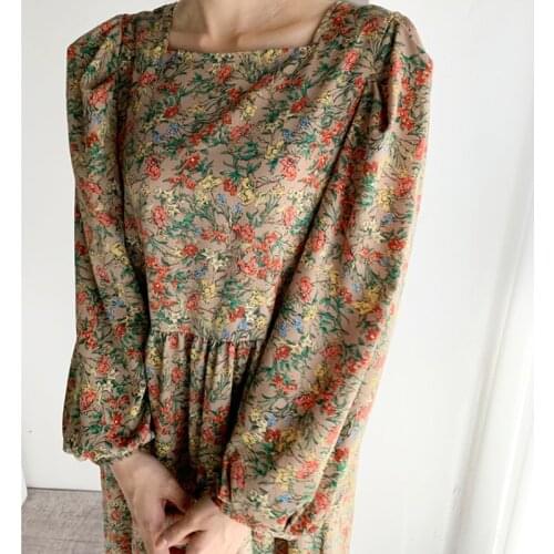 Puff Long Sleeve Dress Floral Chiffon Midi Vintage Robe Longue Spring Korean Runway Flower Harajuku Vestido Casual Square Collar