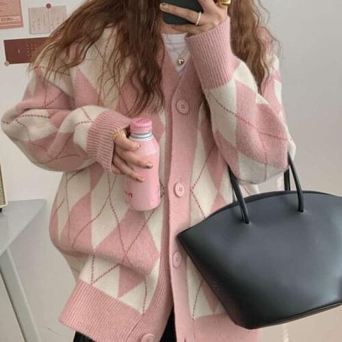 Vintage Sweater Diamond Cardigan Autumn Winter Knitted Sweater Women Korean Pull Femme Loose Tops Long Sleeve Womens Jacket