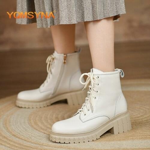 YQMSYNA Vogue Ankle Boots Classics High Quality Genuine Leather Handmade Non-slip Lady Boots Zipper Lace-Up Womens Shoes AS189