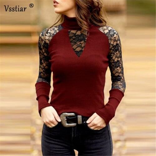 Sexy Lace Patchwork Women T-Shirt 2021 Autumn Winter Plus Size Turtleneck Casual Shirts Fashion Long Sleeve Slim Ladies Tops