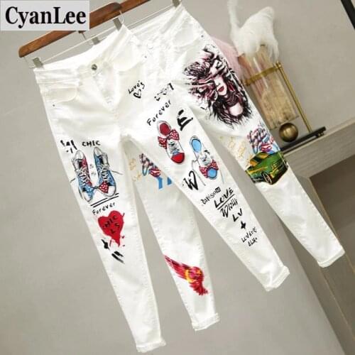 2020 New Women Skinny Jeans Slim Fit Stretchy Blue Hole Jeans Cotton Lightweight Comfy Hip Hop Graffiti Denim High Street