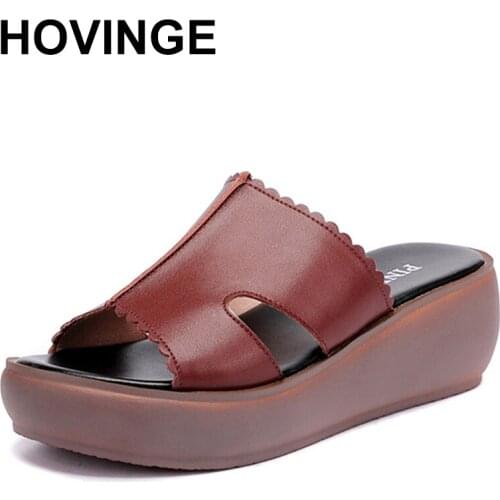 HOVINGE women slippers summer 2020 casual shoes genuine leather wedge platform slippers women high heel sandals slides