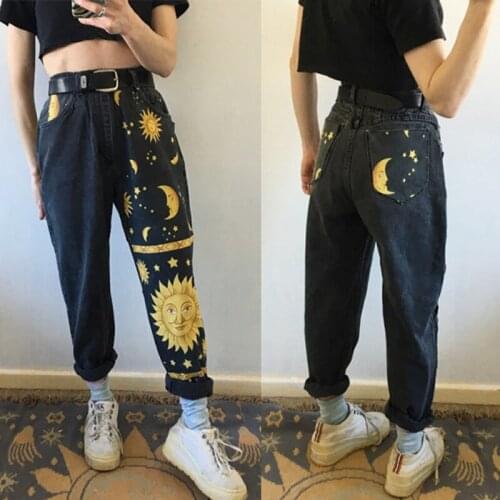 2021 Summer womens black denim loose wild star moon sun print trend straight leg overalls