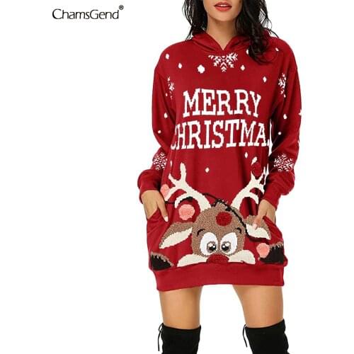 Christmas Deer Printed Dress Women Long Sleeve O-neck Winter Dress 2022 New Year Party Midi Cartoon Dress Femme Vestidos