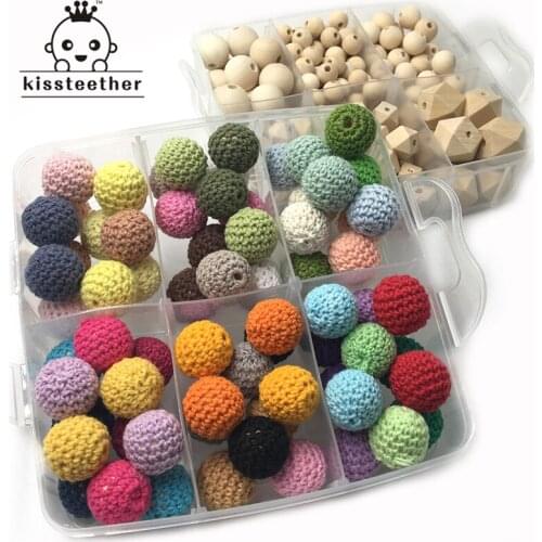 2 Boxed Natural Round Geometry Hexagon Wooden Teether Beads Mixed Color Crochet Beads For DIY Baby Teething Necklace