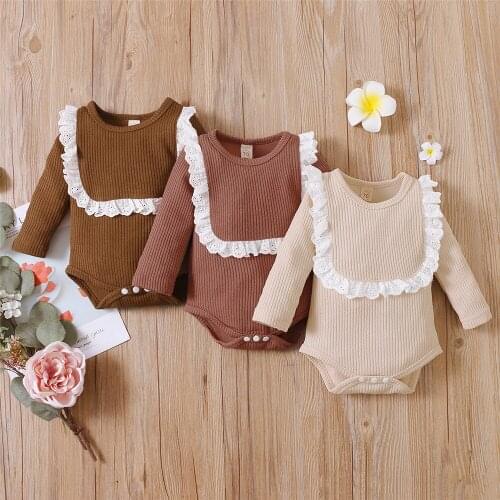 3 Colors Newborn Toddler Long Sleeve Bodysuits with Lace Decoration Baby Girls Sweet Style Bottom Button Spring Clothing 0-24M