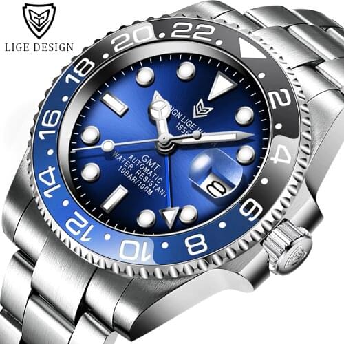 New Fashion Sports Automatic Mechanical Wristwatch Stainless Steel 100ATM Waterproof Diving Watch LIGE Top Brand Men Watch Clock