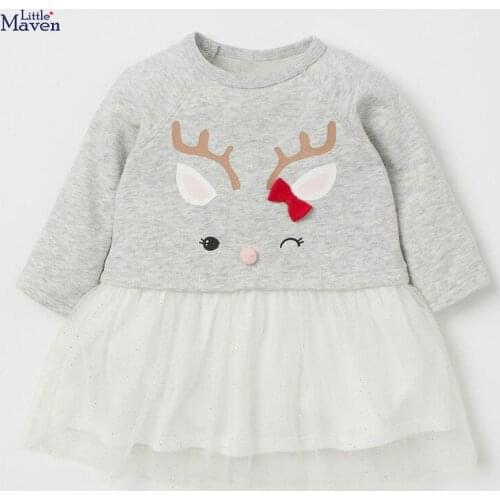 Little Maven Frocks for Baby Girl Brand Autumn Clothes Cute Deer Applique Toddler Gray Tulle Fall Dress for Kids 2-7 Years