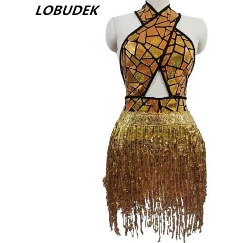 Adult Women Latin Modern Dance Group Performance Backless Gold Sequins Tassel Dress Sexy Hollow Out Halter Fringes Mini Costume