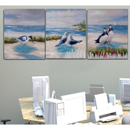 Hot Sale Handpainted 3 Piece Sea Landsacpe Oil Painting On Canvas Bird Pictures For Bedroom Office Paintings Animal Wall Art