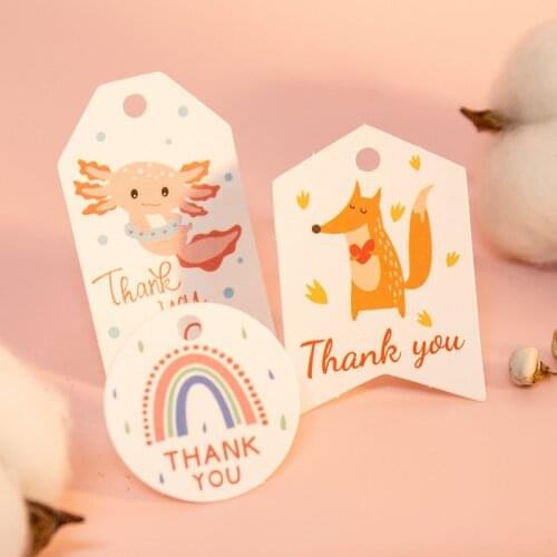 50Sets Rainbow Thank You Gift Tags Prited Paper Tag Price Label Cute Fox Elephant Axolotl Party Gift Box Wrapping Garment Tags