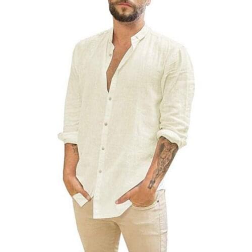 2021 Fashion Mens New Linen Cardigan Solid Color Casual Stand Collar Long Sleeve Shirt Male Clothes Tshirt Man Summer New Style