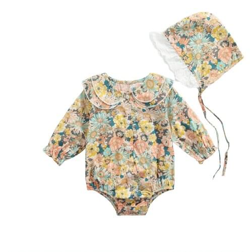 0-18M Baby Girls Two-piece Clothes Set, Floral Printed Pattern Long Sleeve Romper and Cap Beige/ Yellow