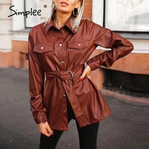 Simplee Vintage faux leather shirt jacket women Autumn winter PU jackets coats with belt Chic streetwear pockets overcoat female