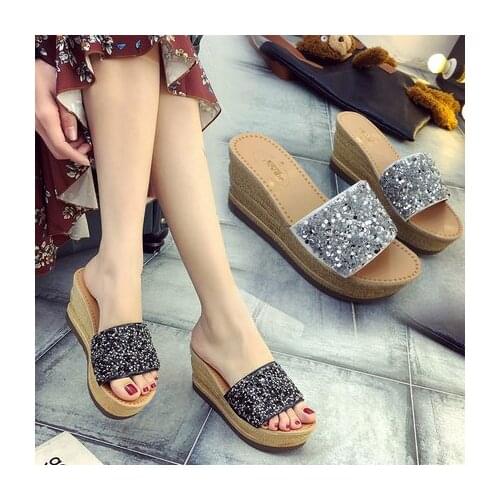 Summer new ladies sequined high heels Europe and America sexy open toe slippers foreign trade large size 9 40