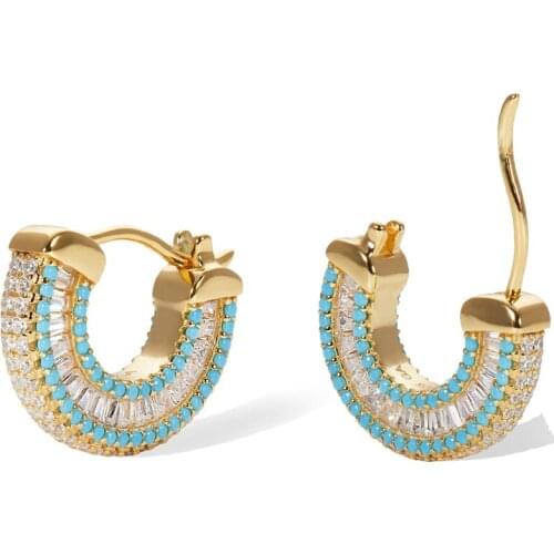MiniHoop Earrings With Cz Paved Moon Earring Turquoises Stone Fashion Gold Silver Color Hoop Earrings
