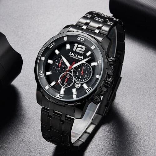 MEGIR Black Stainless Steel Mens Watches Top Brand Luxury Luminous Waterproof Quartz Watch Man Relogio Masculino Dropshipping