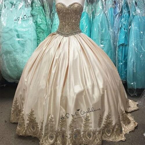 Champagne Gold Cheap Quinceanera Dresses Lace Crystals Vestidos de Debutante Para 15 anos Plus Size Sweet 16 Dress Masquerade