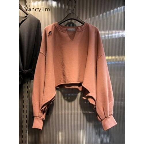 2019 Autumn Winter New Solid-color Personality Hole Hoodies Korean V Neck Long Sleeved Short Loose Sweatshirt Harajuku Pullovers