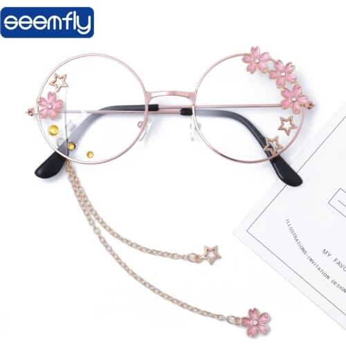 Seemfly Summer Cute Sakura Pendant Clear Optical Glasses Frame Women Round Vintage Eyeglasses Eyewear Girls Cosplay Decor