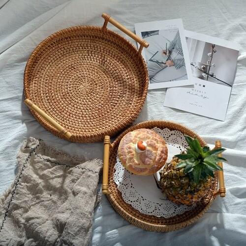 Hand Woven Rattan Storage Tray Rattan Handwoven Round Basket With Handle Food Storage Platters Plate For Breakfast Drinks Snack