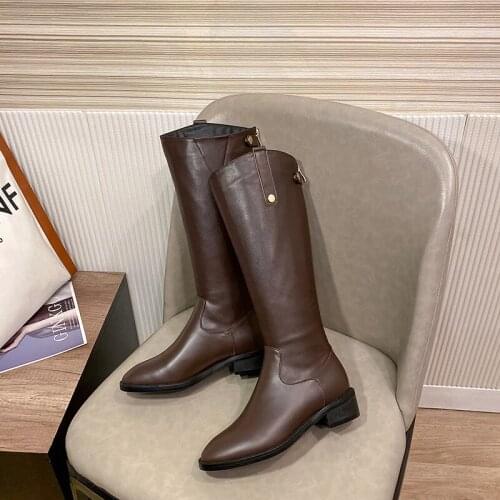 QZYERAI Genuine Leather High Quality Round Toe Riding Equestrian Boots Zipper Buckle Straps Concise Designer Thigh High Boots