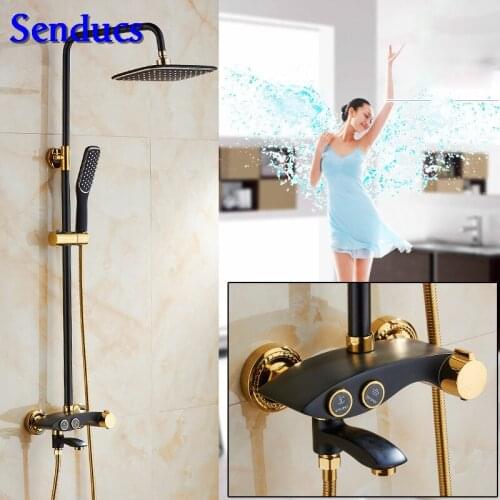 Senducs Black Gold Shower Set Hot Sale Solid Brass Bathroom Shower Mixer Tap Hot Cold Gold Shower Set Made In China