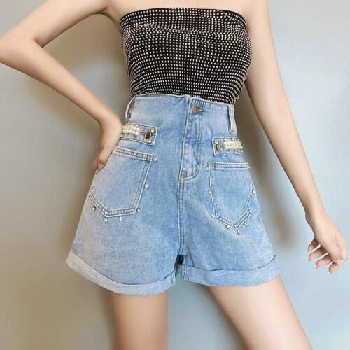 Crimping Summer High Waist Denim Womens Short Beaded Pocket Korean Shorts Female Casual A-Line Wide Leg Jean Hot Pant Feminino