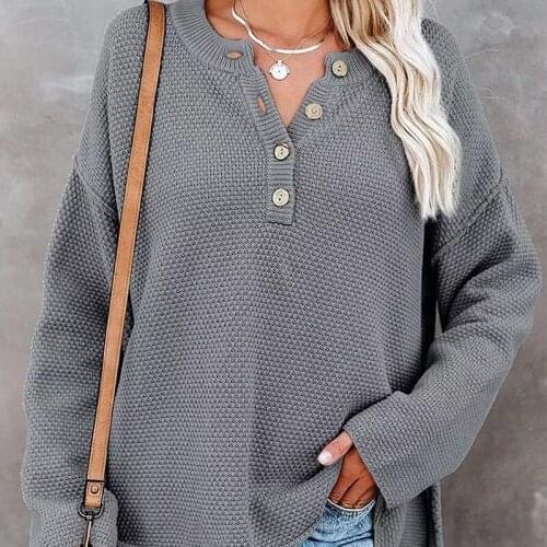 Womens Street Solid Color Loose Knit Sweater Large Size Casual V-Neck Pullover Fashion Long-Sleeved Sweater Autumn and Winter