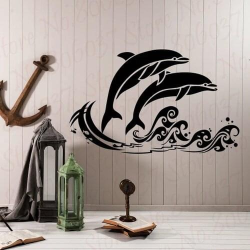 Vinyl Wall Decal Sea Waves Fish Dolphins Nautical Style Cartoon Bathroom Decor Stickers WL1544